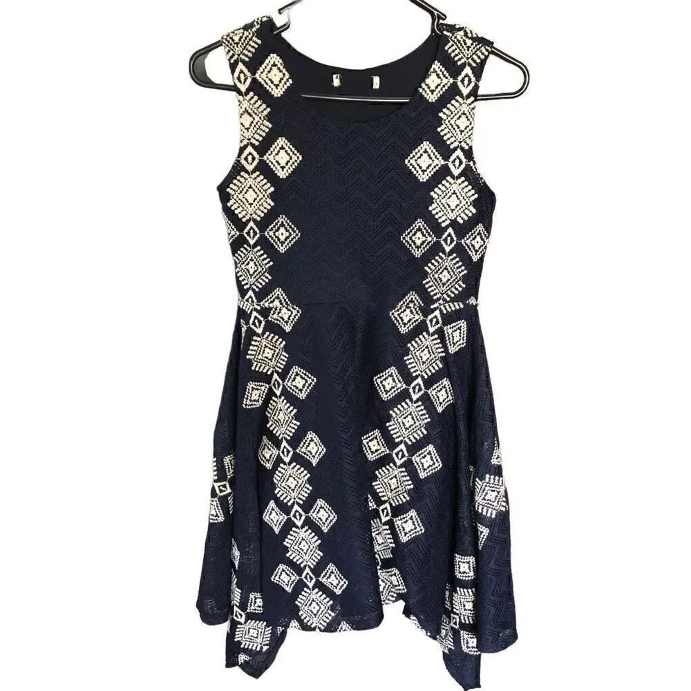 Knitworks Girls Navy Blue/White Crochet Dress Size 14